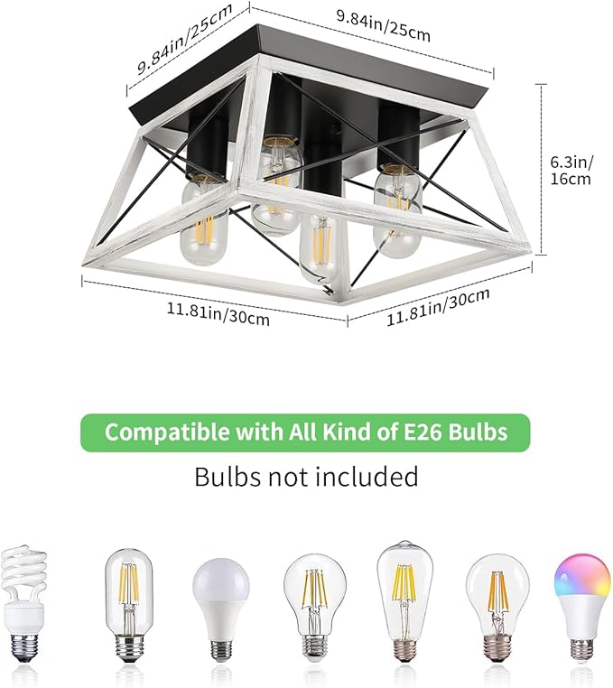 Farmhouse Oak White Flush Mount 4-Light Industrial Kitchen Ceiling Lights, Rustic Flush Mount for Dining Room, Bedroom, Hallway, Entryway, Foyer