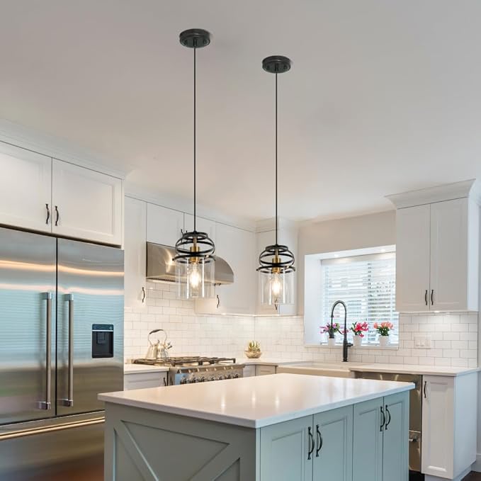 Black Kitchen Pendant Lighting over Island, Modern Glass Pendant Lighting, Hanging Lights for Living Room Set of 2, Pendant Lights Kitchen Island 2 Pack, Pendant Lamp for Dining Room, Hallway, Sink