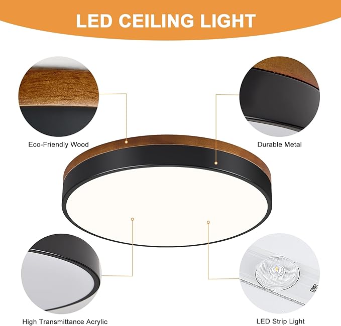 Modern Walnut Wood Black Flush Mount Ceiling Light, 15.75" Round LED Low Profile Close to Ceiling Fixture for Kitchen Bedroom Bathroom Laundry Hallway Entryway Closet Living Room