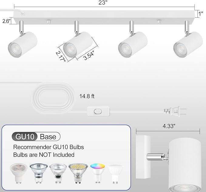 BoostArea LED Track Lighting Ceiling Fixtures, White 4-Light Plug in Track Lights for Kitchen, 4 Way Ceiling Spotlight, 15 FT Cord,Flexibly Rotatable Wall Mount Light Head for Bedroom Hallway