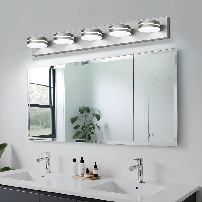LED Modern Bathroom Lights Fixtures 5-Light Dimmable Nickel Acrylic Wall Lighting,Vanity Lights for Bathroom Over Mirror 5500k