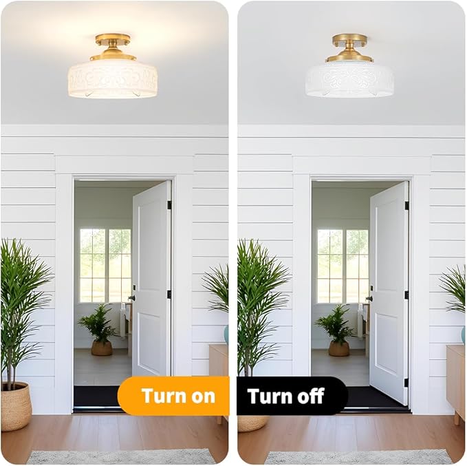 Gold Semi Flush Mount Ceiling Light with Hand-Carved Design - 12 Inch Vintage White Glass Shade with Etched Patterns, Easy Install 3-Light Fixture for Hallway, Kitchen, Bedroom