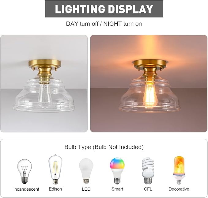 MEXO Industrial Semi Flush Mount Ceiling Light Modern Clear Glass Light Fixture Farmhouse 10" Close to Ceiling Lights in Brushed Gold for Hallway Bedroom, Kitchen Entryway Cafe Bar Porch Dinning Room