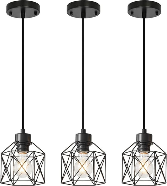 3 Pack Hanging Pendant Light Fixtures, Farmhouse Kitchen Island Light Fixture, Industrial Hanging Pendant Lighting for Dining Room Bedroom Hallway, Black Metal Cage Pendant Lamp, E26 Base