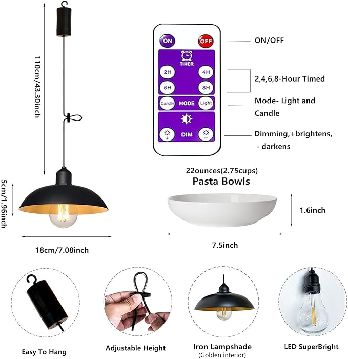3X Battery Operated Outdoor Chandelier for Gazebo Pendant Light Industrial Hanging Lamp with Remote Decorative Lights Lantern Indoor Powered by 4*AA Batteries for Porch Pavilion Camping