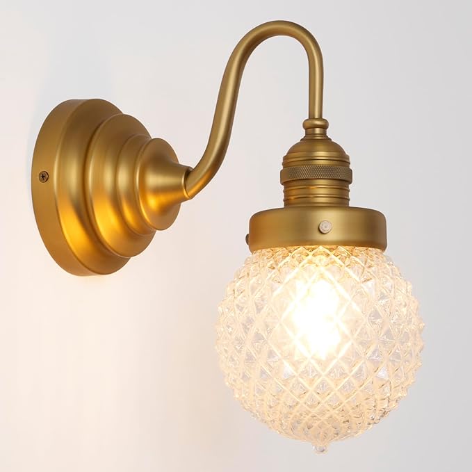 Vintage Gold Wall Sconces Brass Bathroom Sconces with Round Pineapple Pattern Clear Glass Shade Hardwire Mid Century Wall Mounted Lamp for Bathroom Living Room Bedroom Kitchen Indoor