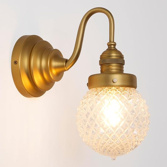 Vintage Gold Wall Sconces Brass Bathroom Sconces with Round Pineapple Pattern Clear Glass Shade Hardwire Mid Century Wall Mounted Lamp for Bathroom Living Room Bedroom Kitchen Indoor