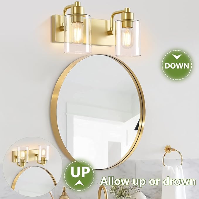 Dpyrrhic Gold Bathroom Light Fixtures,2-Light Bathroom Lights Over Mirror with Clear Glass Shade,Gold Light Fxiture Wall Sconces for Kitchen Living Room Bedroom