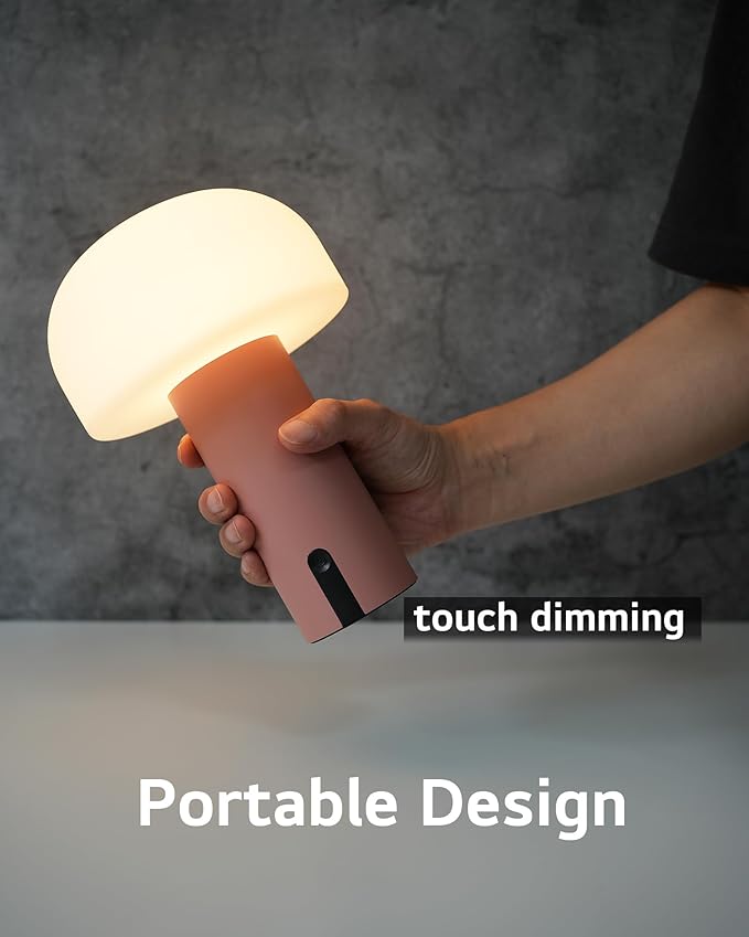 WEILAILUX Cordless Mushroom Table Lamp, Waterproof Shower Lamp, Battery Operated Table Lamp Rechargeable, Touch Dimmable Night Light for Bedroom/Patio/Camping/Dinning/Outdoor (Pink)