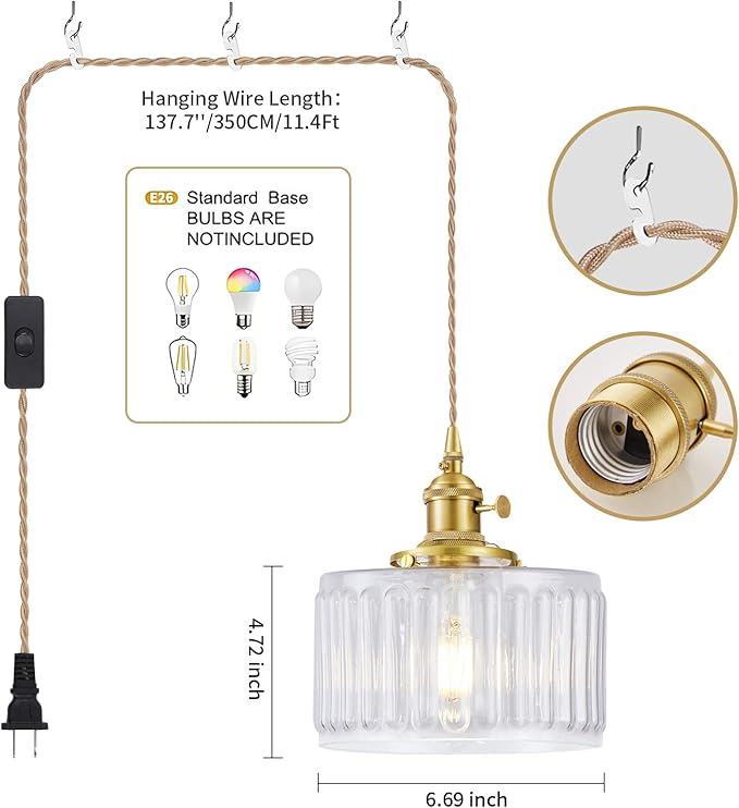 Plug in Pendant Light, Hanging Lights with Plug in Cord, Hanging Light Fixture with Clear Glass, E26 Pendant Lighting for Kitchen Island, Bedroom, Living Room-Transparent Color