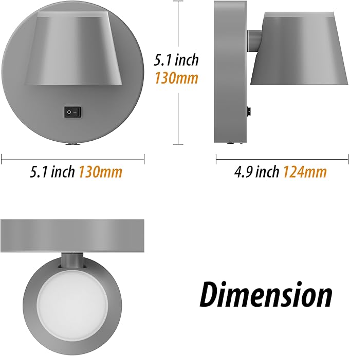 URSOLA Battery Operated Wall Lights Set of Two, LED Rechargeable Battery Wall Sconce with 9000mAh 3CCT and Dimmable Magnetic 360° Rotation Cordless Light for Bedroom（Grey）