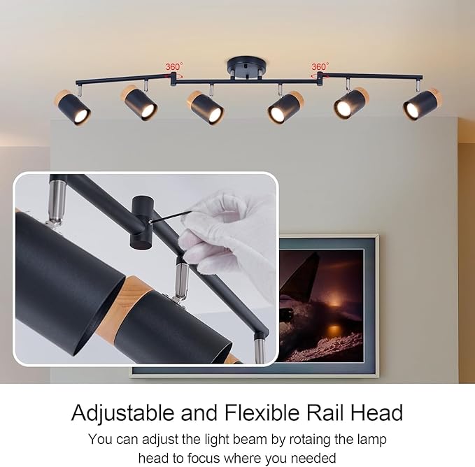 Black Track Lighting,6-Light,Flexible Beams and Rotation Spotlights, Natural Wood Track Lights for Kitchen,Bedroom, Closet,Art Show