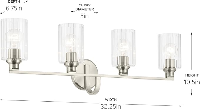 Kichler Gioe 32.25" 4-Light Bathroom Vanity Light Fixture with Clear Fluted Glass in Brushed Nickel, Damp Rated for Bathroom, Powder Room, Over Mirror (32.25" W x 10.5" H), 55227NIFLU