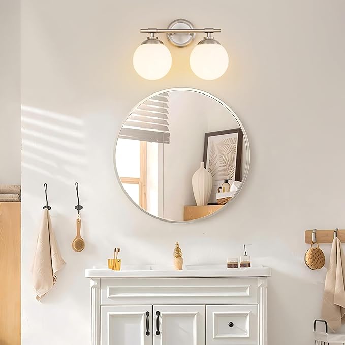 Rayogale Bathroom Light Fixtures, 2-Light Nickel Vanity Lights Over Mirror with White Glass Shade, 15 Inch Bathroom Wall Sconces for Bedroom Living Room (Bulbs Not Included)