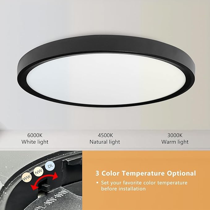24 Inch Led Ceiling Light Flush Mount, 50W, 5480LM, 3000K/4000K/6000K CCT Selectable Super Slim Black LED Ceiling Light, Close to Ceiling Round Flat Panel Light for Hallway, Bedroom, Kitchen, ect