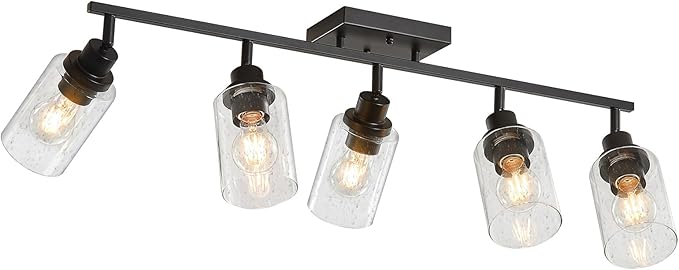 LOUSACE Flexible Track Lighting Kit, Black 5-Light Flush Mount Ceiling Spotlights with Seeded Glass, Bathroom Vanity Lighting Modern Ceiling Track Light Fixtures for Kitchen Dinning Room