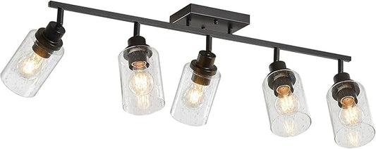 LOUSACE Flexible Track Lighting Kit, Black 5-Light Flush Mount Ceiling Spotlights with Seeded Glass, Bathroom Vanity Lighting Modern Ceiling Track Light Fixtures for Kitchen Dinning Room