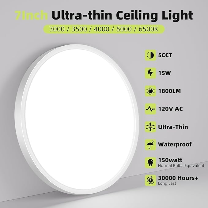 4PACK Flush Mount LED Ceiling Light Fixtures 5 Color Temperatures in One &100W Equivalent Flat Bathroom Ceiling Light,7Inch 15W Thin Round White Surface Flushmount Fixture for Closet,Bedroom,Kitchen