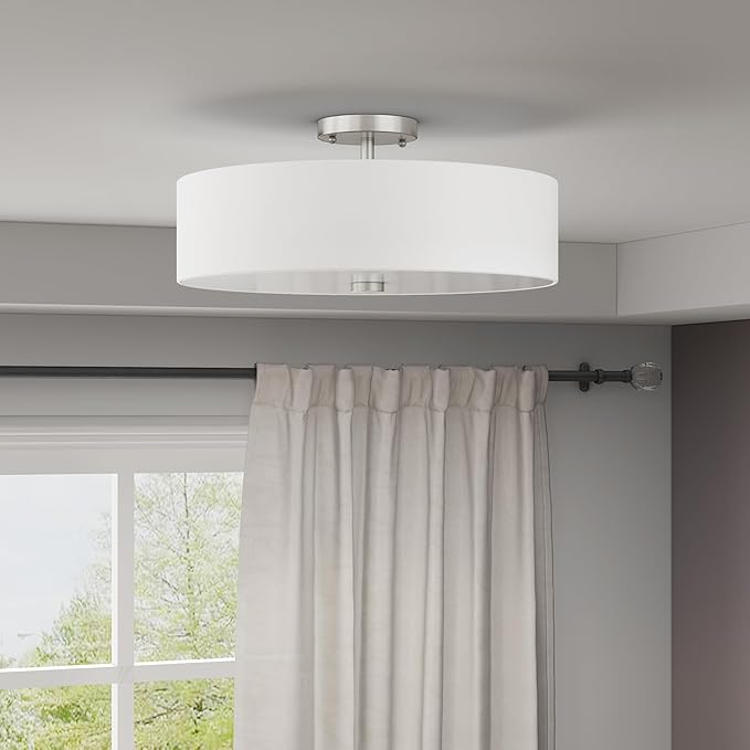 Livex Lighting 51055-91 Meridian Collection 4-Light Semi Flush Mount Ceiling Fixture with Off-White Fabric Hardback Drum Shade, Brushed Nickel
