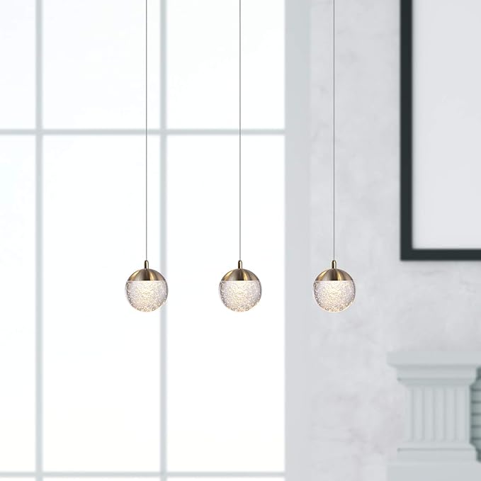 contec development Galaxy 3 Mini Pendant Crystall Ball Lighting Brass - LED Hanging Light Fixture: Kitchen Island, Bar, Foyer - Cluster Pendants - Dimmable, Adjustable Wire, Lamp Bulb Included