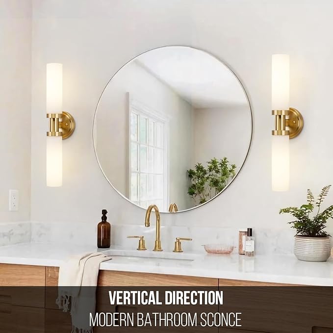 SANTOSTOCK Gold Bathroom Light Fixtures Modern Vanity Lights W/White Glass Shade, 2-Light Sconces Wall Lighting for Mirror Kitchen Bedroom Hallway, Brushed Brass Gold Wall Decor Wall Mount Lamp