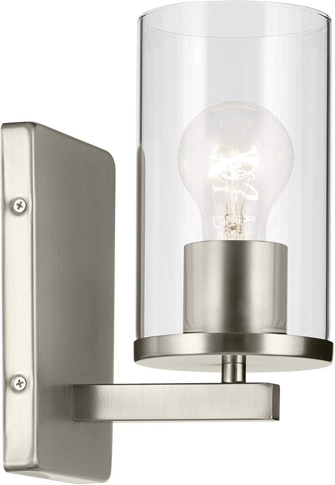 Kichler Crosby 4.5" 1-Light Wall Sconce Bathroom Light Fixture with Clear Glass in Brushed Nickel for Bathroom, Powder Room, Hallway, Kitchen, Bedroom (4.5" x 9.25"), 45495NICLR