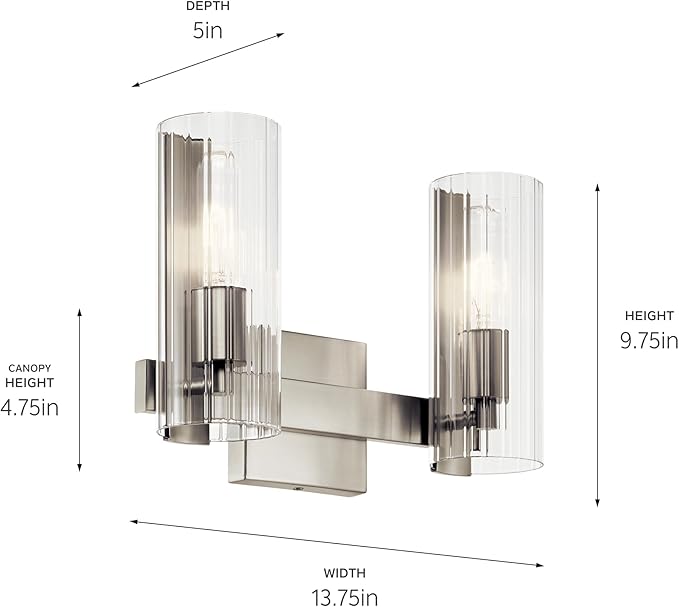 Kichler Jemsa 2-Light Bathroom Vanity Light Fixture with Clear Fluted Glass in Brushed Nickel for Modern Bathroom or Powder Room Over Mirror (9.75" x 13.75"), 55167NI