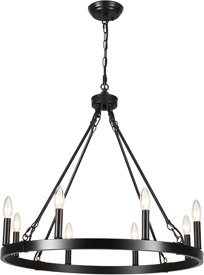 8-Light Black Chandelier for Dining Room 26 Inch Wagon Wheel Chandeliers Farmhouse Light Fixture Kitchen Island Round Pendant Lights for Living Room Foyer Entryway Outdoor Porch E12