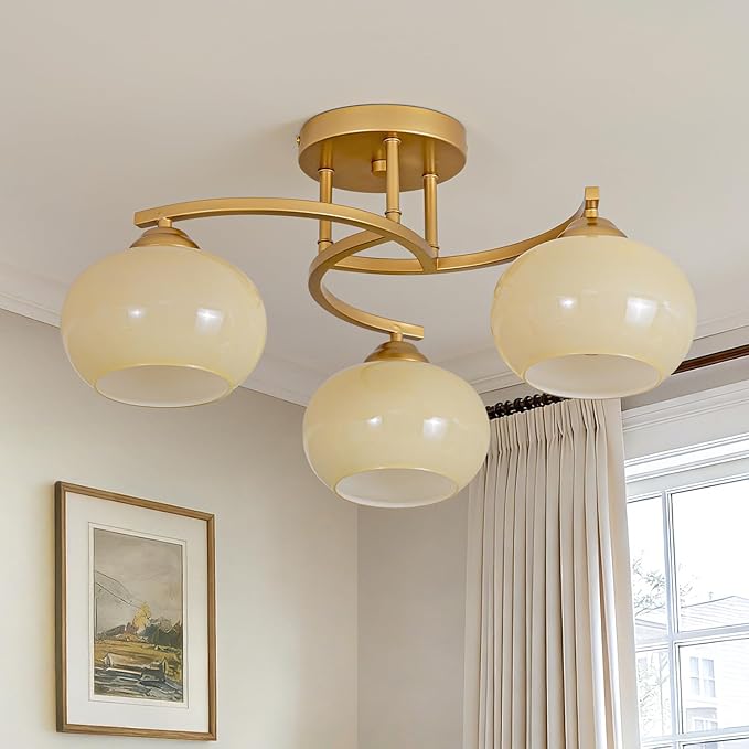 Semi Flush Mount Ceiling Light Fixture,Vintage Modern Gold Globe Sputnik Chandeliers 3-Light Mid Century Milk Glass Chandelier for Dining Room Kitchen Island Bedroom Living Room Entryway