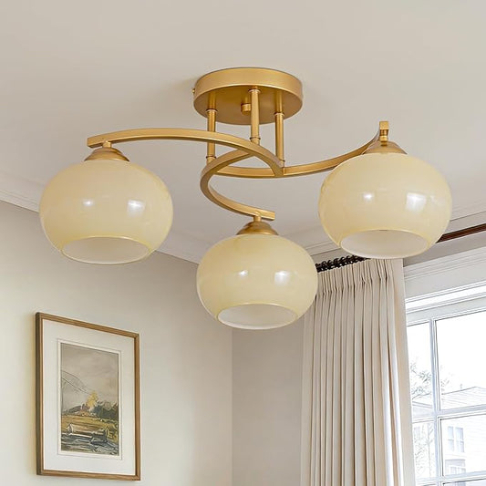 Semi Flush Mount Ceiling Light Fixture,Vintage Modern Gold Globe Sputnik Chandeliers 3-Light Mid Century Milk Glass Chandelier for Dining Room Kitchen Island Bedroom Living Room Entryway