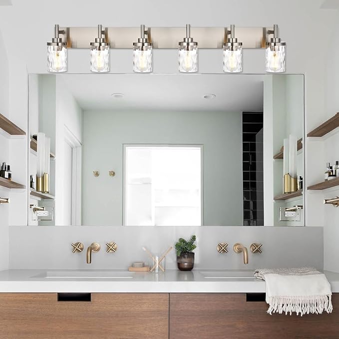 Bathroom Vanity Lighting Fixtures 6 Lights,Brushed Nickel Bathroom Vanity Lights with Clear Hammered Shade Wall Sconce Lighting Modern Farmhouse Bath Lighting
