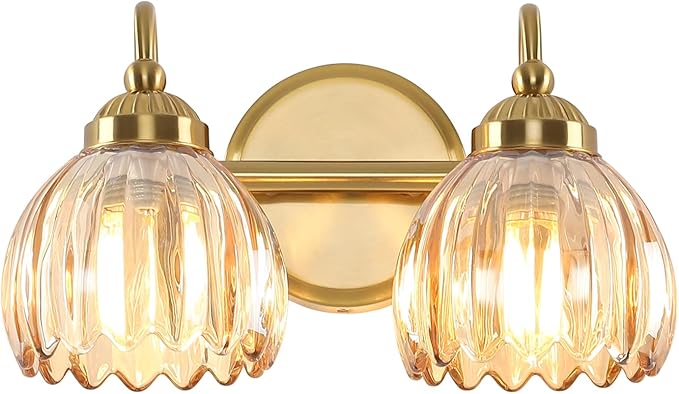 Vintage Bathroom Light Fixtures, Brass Vanity Lights with Amber Tulip Glass Shade, Vanity Sconces for Bathroom Bedroom Living Room Hallway, 2-Light