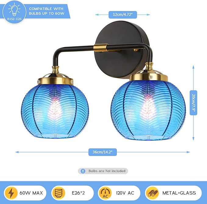 Bathroom Light fixtures Over Mirror Mid Century Vanity Light with Blue Ribbed Glass Shade Globe Wall Sconce 2-Lights Modern Vanity Lights for Dining Room Bedroom Hallway Overhead