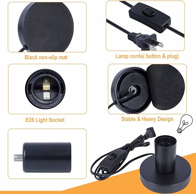 Industrial Table Lamp, Small Polished Metal Desktop Light Socket Base, Vintage E26/E27 Edison Screw Light Bulb Holder, 5.57ft Cord with On/Off Switch and US Plug (Black Color)