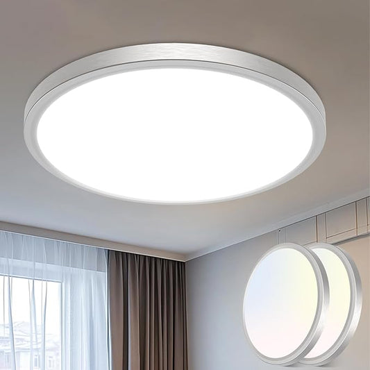 libtit 16 inch Flush Mount LED Ceiling Light Fixture, 3000K 4000K 6500K Adjustable, 36W 3600lm Brushed Nickel Satin Round Ceiling Lamp for Bathroom Shower Hallway Kitchen, 2 Pack