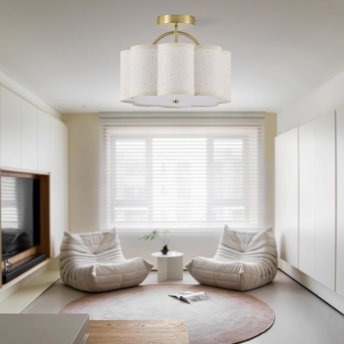 13.5" Semi Flush Mount Ceiling Light Fixture for Bedroom, 3-Light Flower-Shape Modern Close to Ceiling Light with Fabric Shade for Hallway Nursery Kitchen Island(Hemp-Color)