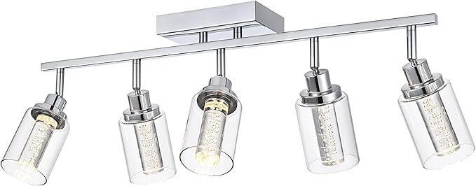 MELUCEE 5-Color Dimmbale Rotatable Spotlight Ceiling Light Fitxures 5-Light LED Track Lighting Kit Chrome Bathroom Vanity Light Wall Mount Ceiling Mount Kitchen Tracking Lights, Clear Glass Shade