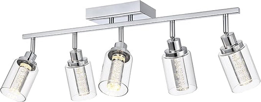 MELUCEE 5-Color Dimmbale Rotatable Spotlight Ceiling Light Fitxures 5-Light LED Track Lighting Kit Chrome Bathroom Vanity Light Wall Mount Ceiling Mount Kitchen Tracking Lights, Clear Glass Shade