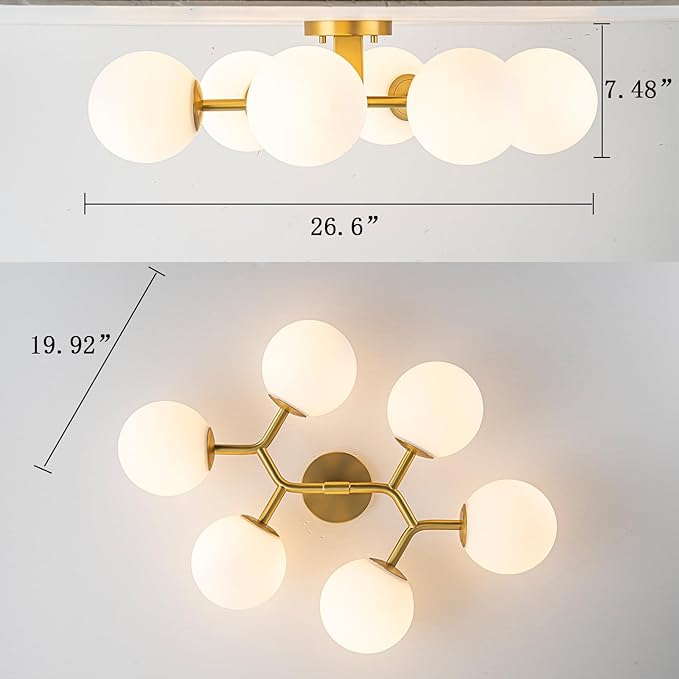EDISLIVE 6-Light Semi Flush Mount Glass Ceiling Light Milk Globe, 27 in Antique Gold Milk White Glass Sputnik Chandelier MSM Frosted Glass Shade for Bedroom Livingroom Kitchen E12 Bulb