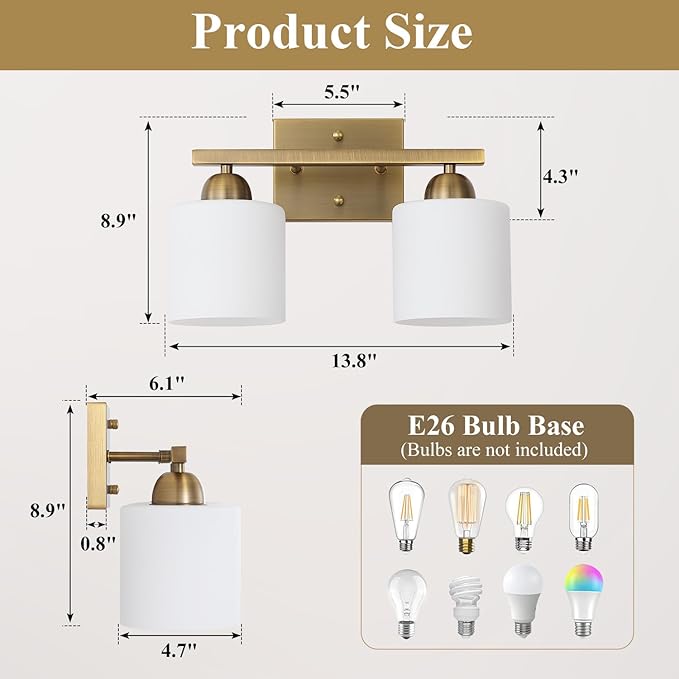 Mecgirn Milk Glass Vanity Lights for Bathroom, 2 Light Brass Bathroom Light Fixtures Over Mirror, Ceramic E26 Sockets Wall Mounted