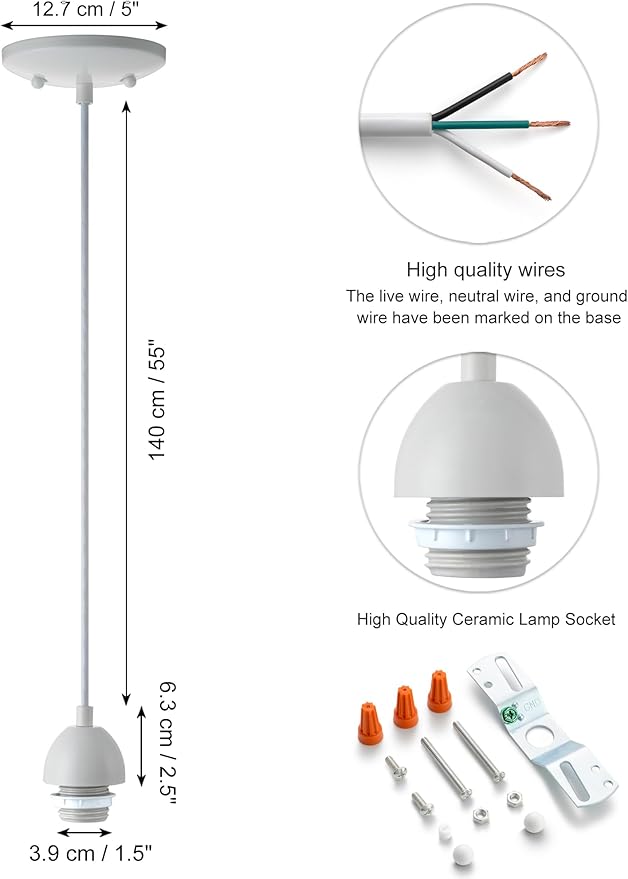 DIY Pendant Light Fixture Kit - White, Mini Island Pendant Lights for Kitchen, Make Modern & Farmhouse Hanging Light for Yourself, Adjustable Height, 1 Pack（Shade and Bulb Not Included）