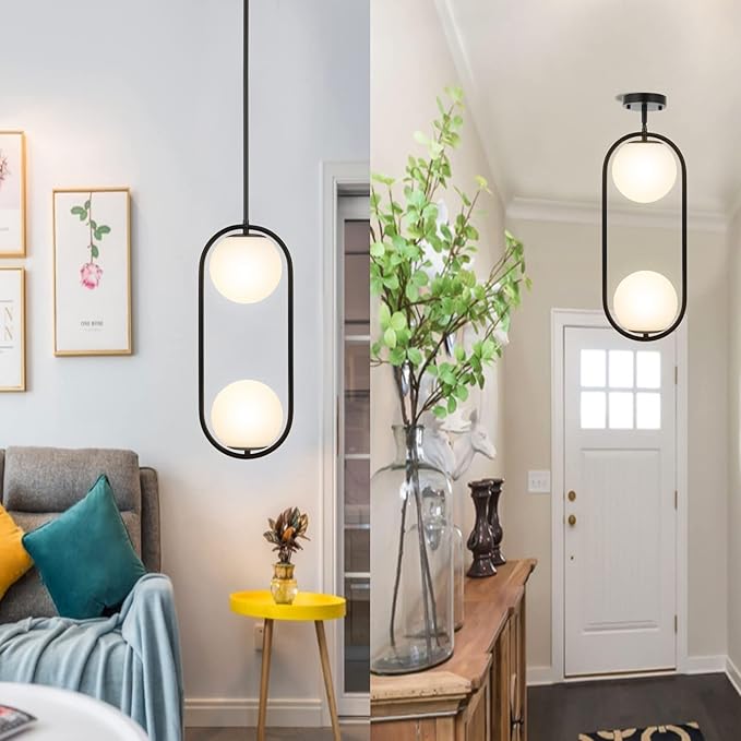 BYOLIIMA 2-Lights Modern Globe Chandelier Mid Century Pendant Light Matte Black Ceiling Hanging Lighting Fixture with White Globe Glass Lampshade for Kitchen Island Dining Room Bedroom