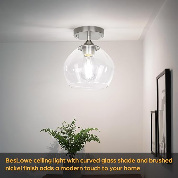 Modern Semi Flush Mount Ceiling Light with Clear Glass Shade, Industrial Close to Ceiling, Nickel Hanging Ceiling Light Fixture for Hallway, Bedroom, Dining Room, Entryway, Foyer