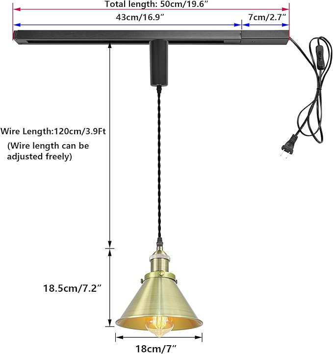 1x Plug in Cable Track Rail, 2X Adjustable Cord Bronze Track Lighting Fixtures E26 Base H-Type Vintage Design for Kitchen Loft(No Bulb)