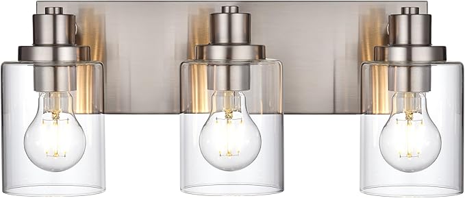 3 Light Bathroom Vanity Light Brushed Nickel Bathroom Lighting Fixtures Over Mirror with Clear Glass Shade, Modern Farmhouse Wall Sconces Vanity Lights for Bedroom Living Room