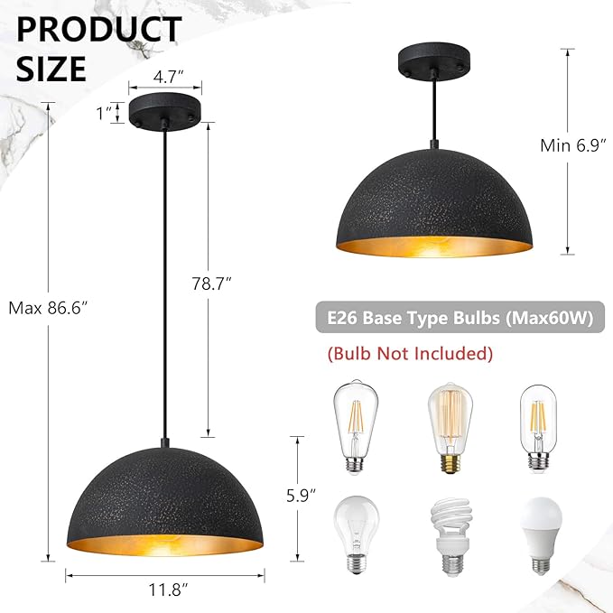 11.8" Farmhouse Pendant Light,Black with Gold Grain Industrial Dome Chandelier 2 Pack,Adjustable Vintage Pendant Lights Kitchen Island for Dining Room,Bedroom,Hallway