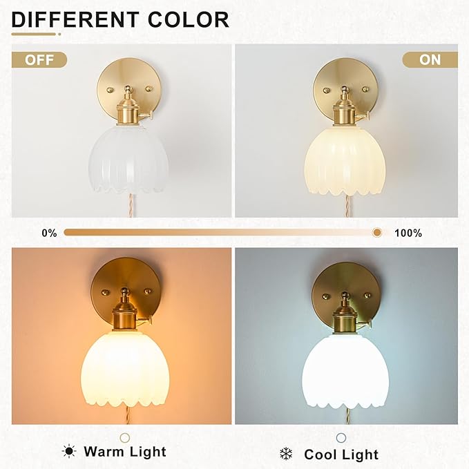 Plug in Wall Sconce, Vintage Sconce Light with Tulip Milk White Glass Lampshade, Bedside Wall Sconce with Switch and Plug in Wall Lamp Cord, Gold Wall Light for Bedroom
