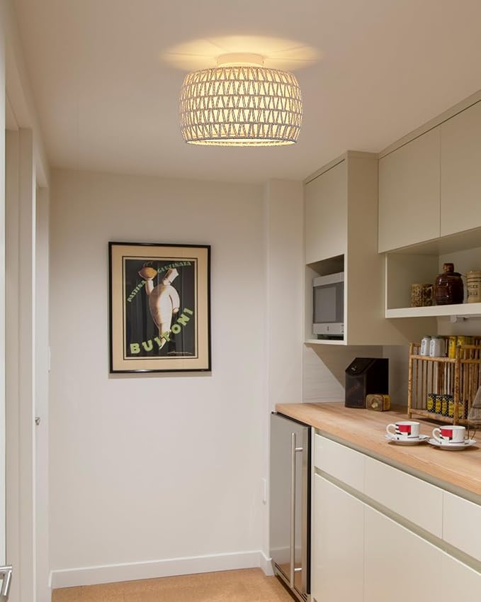 WILON White Rattan Semi Flush Mount Ceiling Light Fixture, 1-Light Boho Light Fixtures with Fabric Shade, Modern Hand-Woven Drum Ceiling Lamp for Hallway Entryway Living Room Bedroom Hall Nursery