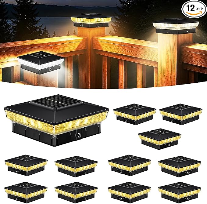 KEILAIMO Solar Post Cap Lights 12 Packs for 4x4 Wooden/Vinyl Posts, IP65 Waterproof Fence Post Solar Lights with Warm/Cool/Neutral Lighting, Outdoor Post Lights for Garden, Patio, Porch- Black