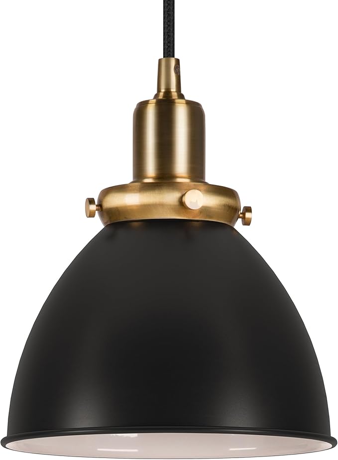 Henn&Hart 8" Industrial Two-Toned Pendant Light Fixture with Black Metal Dome Shade and 8' Adjustable Cord for Kitchen Island, Dining Room or Game Room, Ebony/Gold